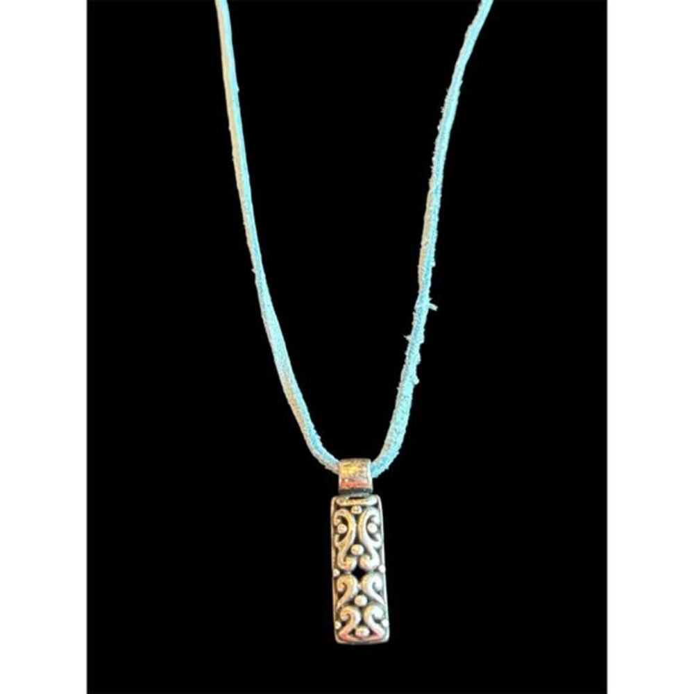 Sterling Silver Bali Boho Style Pendant And 18” Blue Leather String Necklace